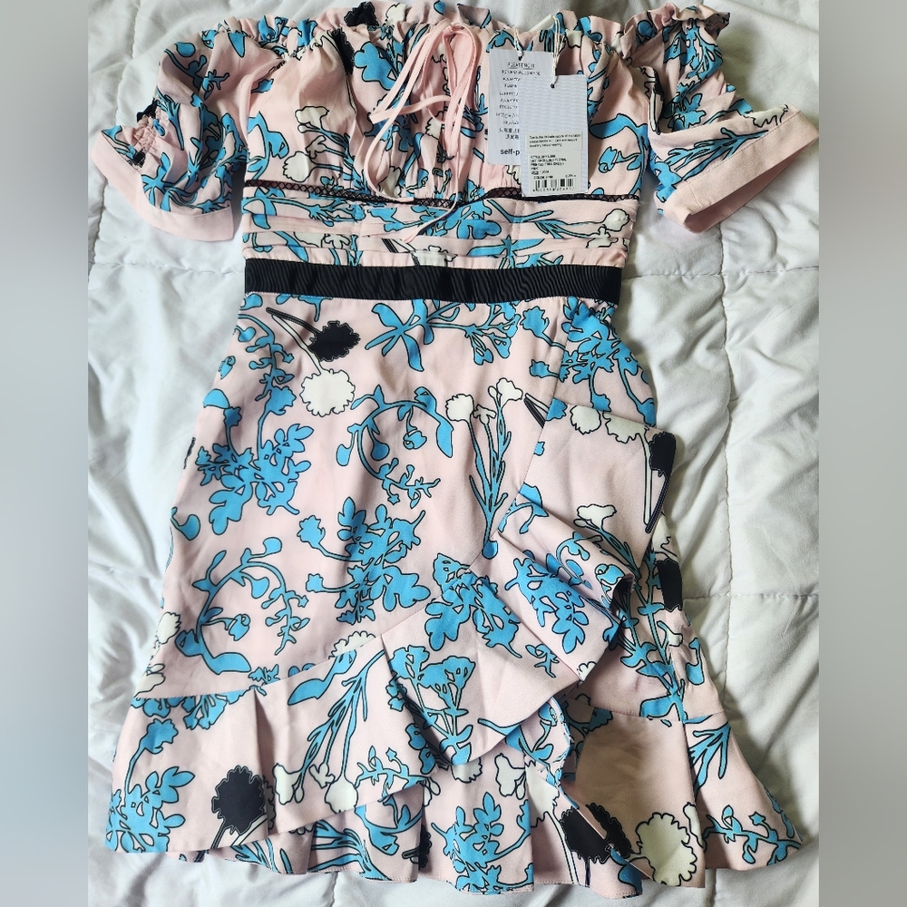 NWT | Self-Portrait | Blue and Pink Ruffled Tiered Sundress